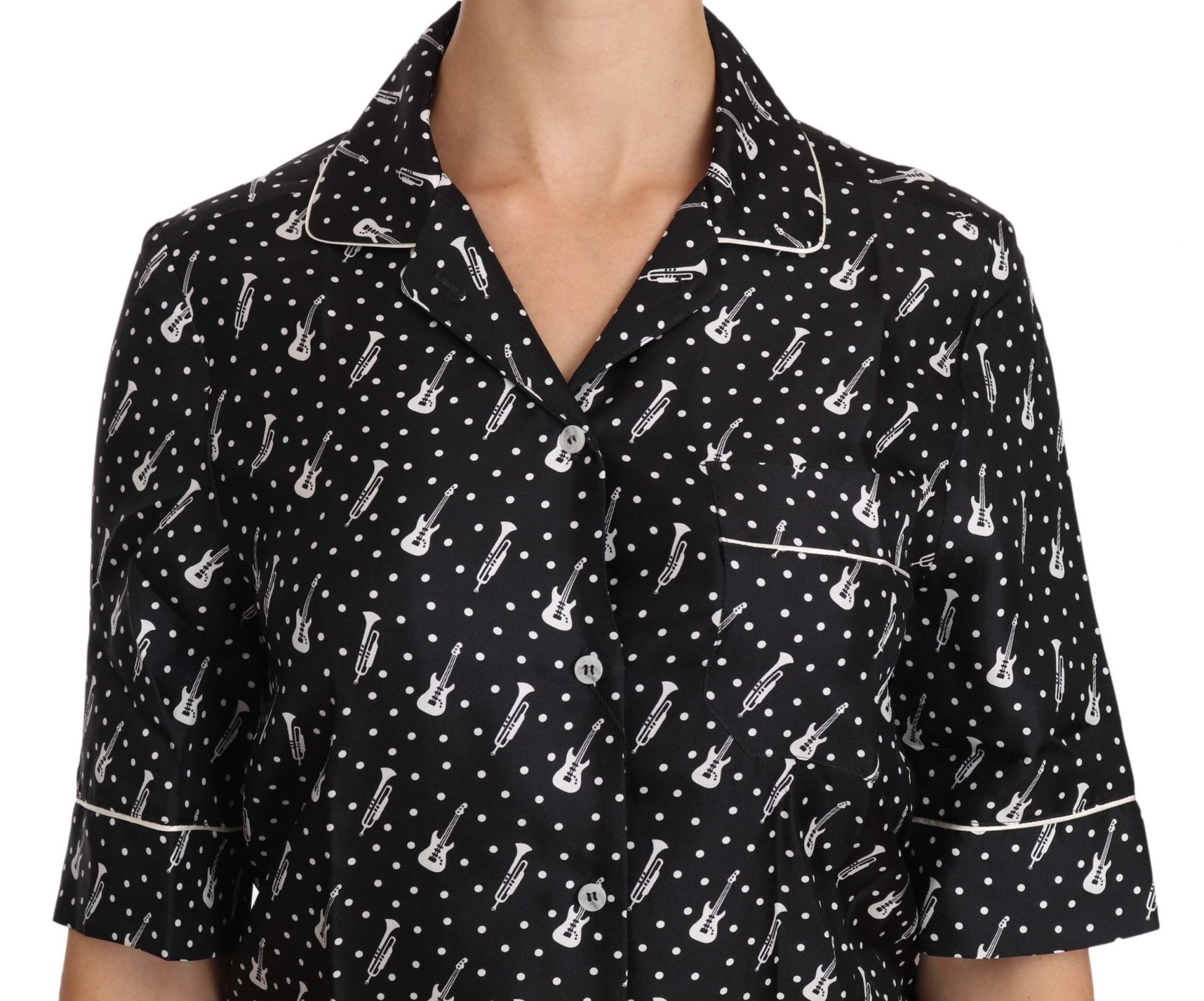 Black Guitar & Trumpet Print Silk Shirt Top - coffeewithmee2Dolce & GabbanaP1485S