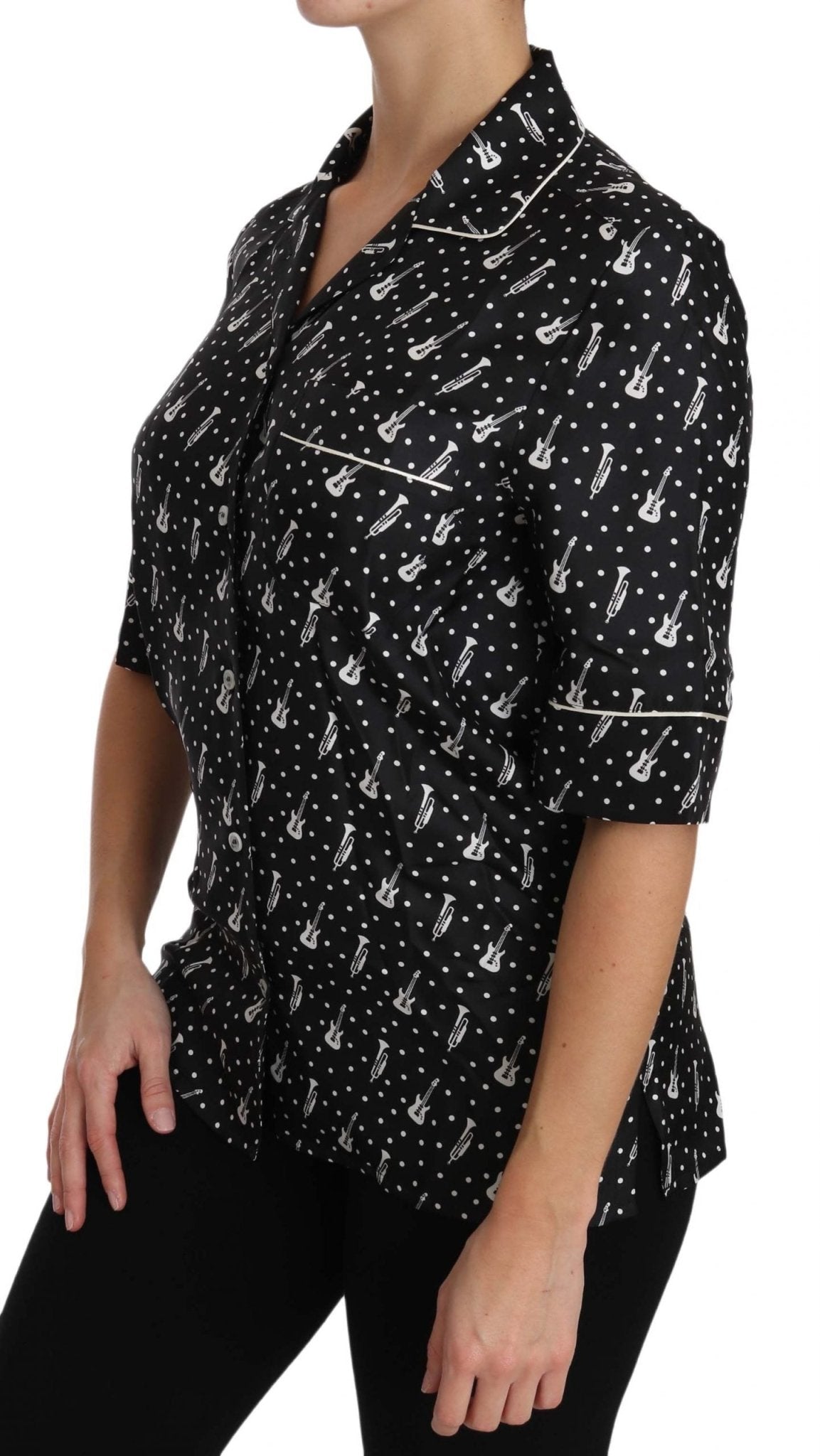 Black Guitar & Trumpet Print Silk Shirt Top - coffeewithmee2Dolce & GabbanaP1485S