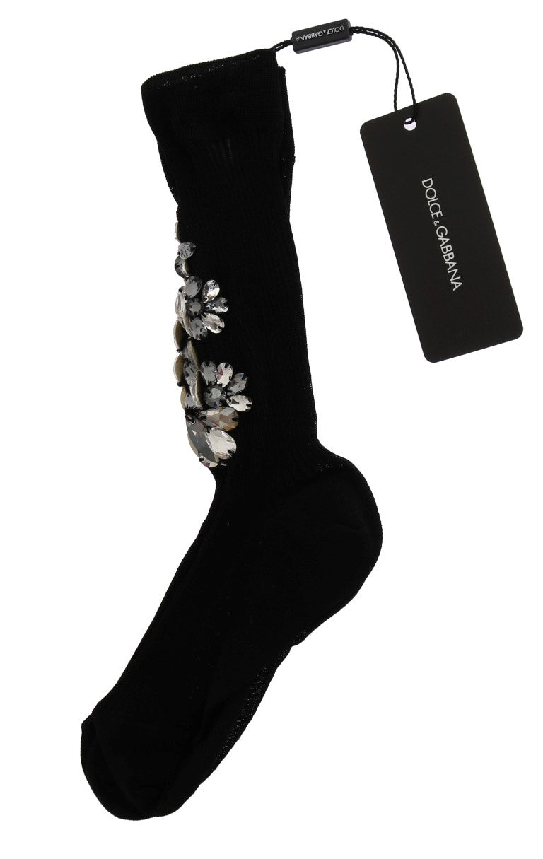 Black Knitted Floral Clear Crystal Socks - coffeewithmee2Dolce & GabbanaP2196S
