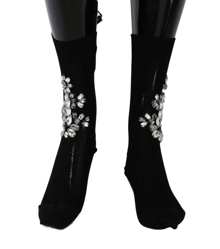 Black Knitted Floral Clear Crystal Socks - coffeewithmee2Dolce & GabbanaP2196S