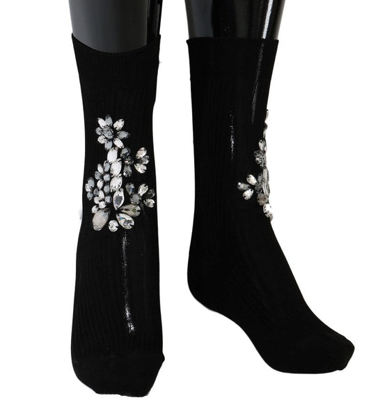 Black Knitted Floral Clear Crystal Socks - coffeewithmee2Dolce & GabbanaP2196S