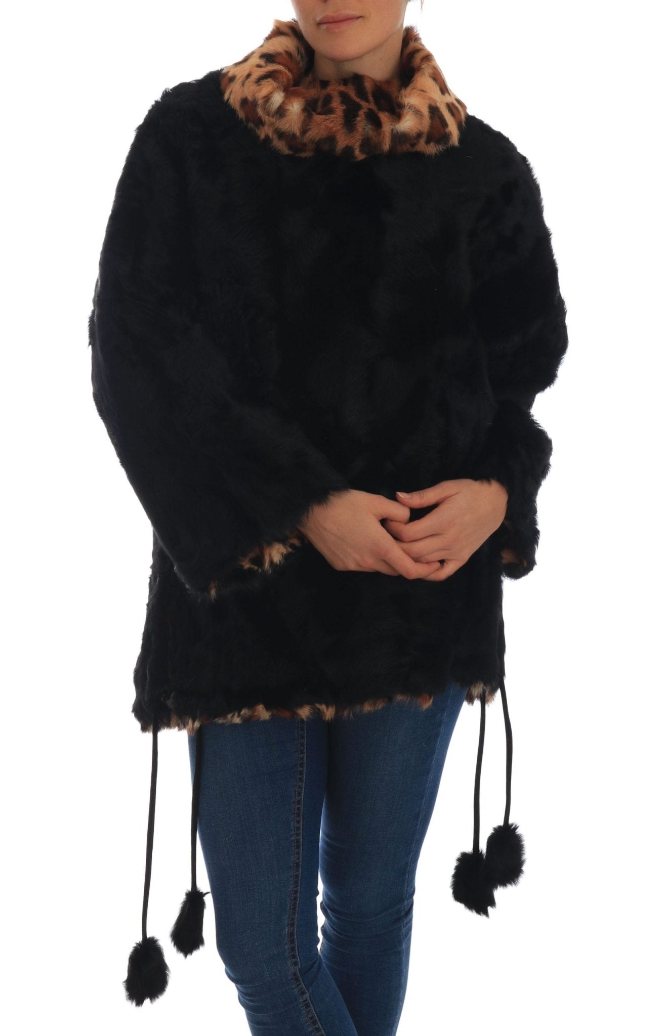 Black Lamb Leopard Print Fur Coat Jacket - coffeewithmee2Dolce & GabbanaP1513S