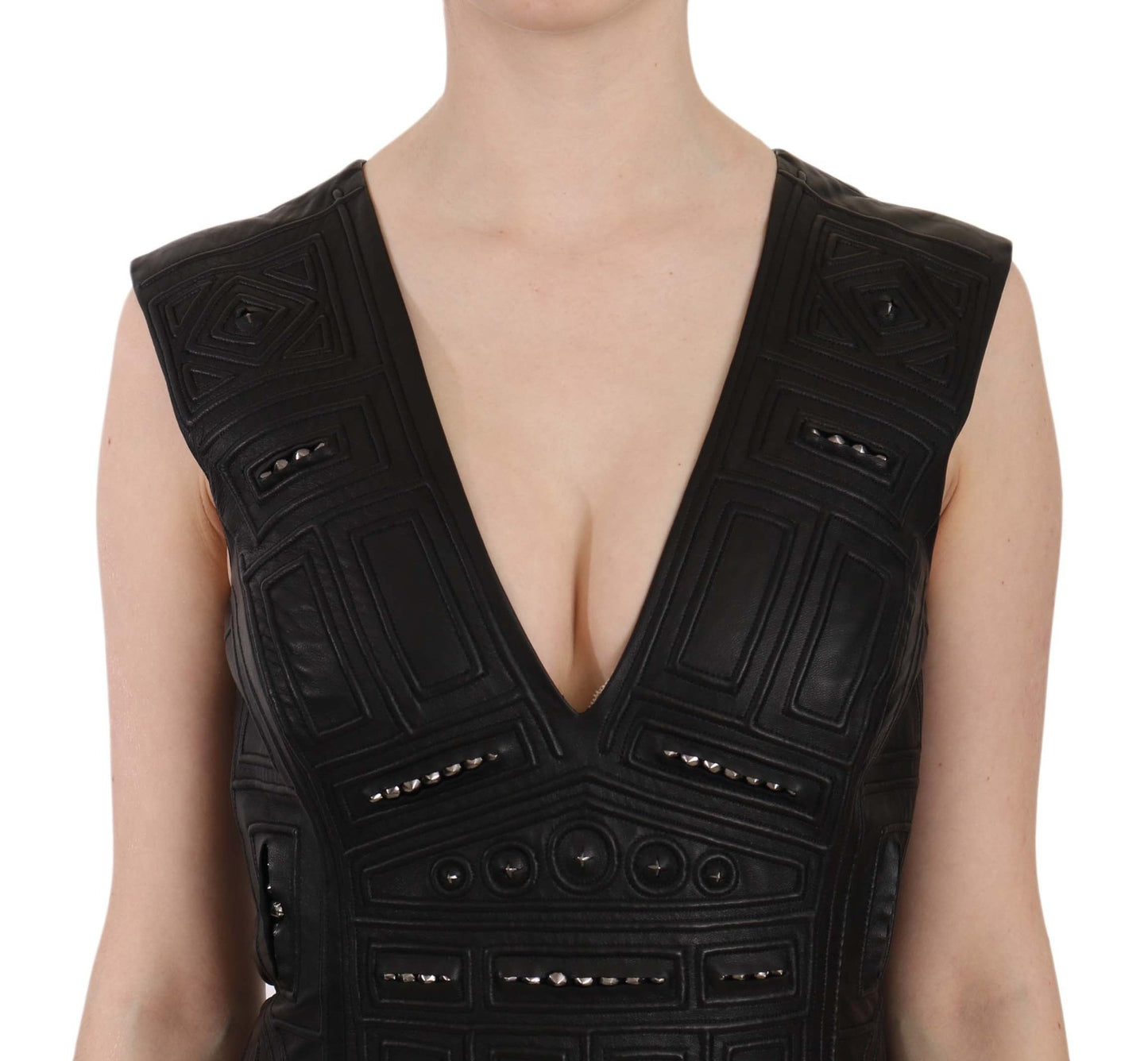 Black Leather Studded Mini Shift Dress - coffeewithmee2John RichmondP2408S