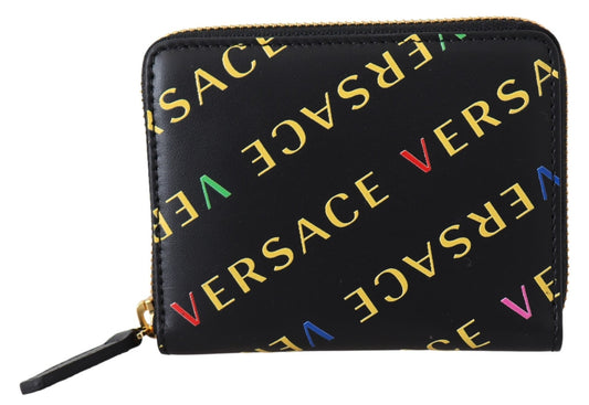Black Leather Zip Around Wallet - coffeewithmee2VersaceP0219S