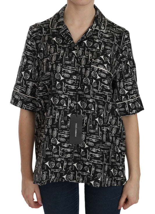 Black Musical Instrument Print Silk Top - coffeewithmee2Dolce & GabbanaP5686S