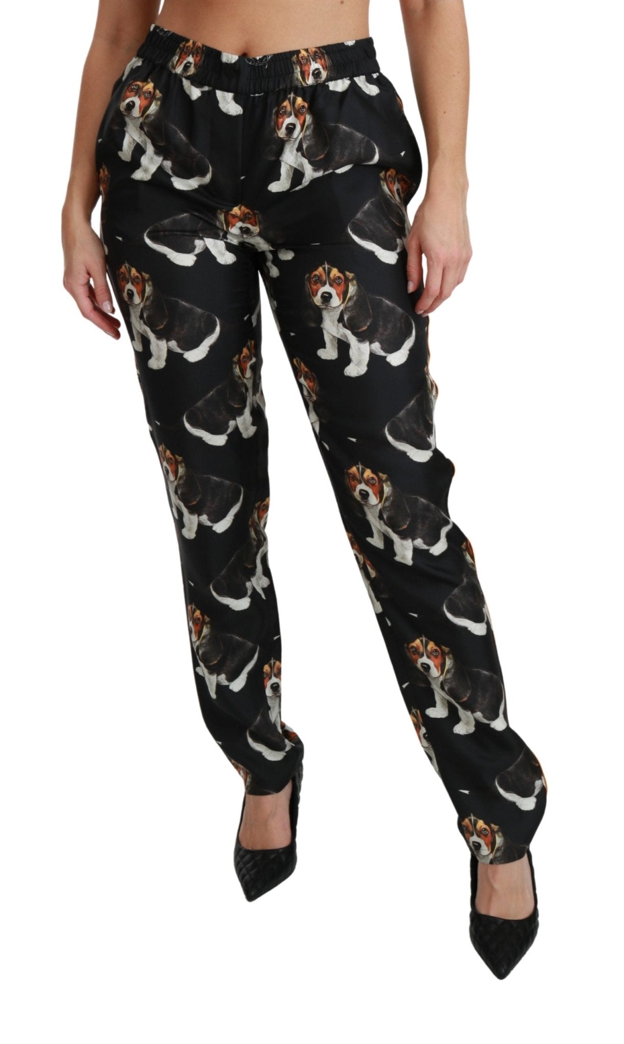 Black Puppy Dog Mid Waist Skinny Silk Pants - coffeewithmee2Dolce & GabbanaP2837S