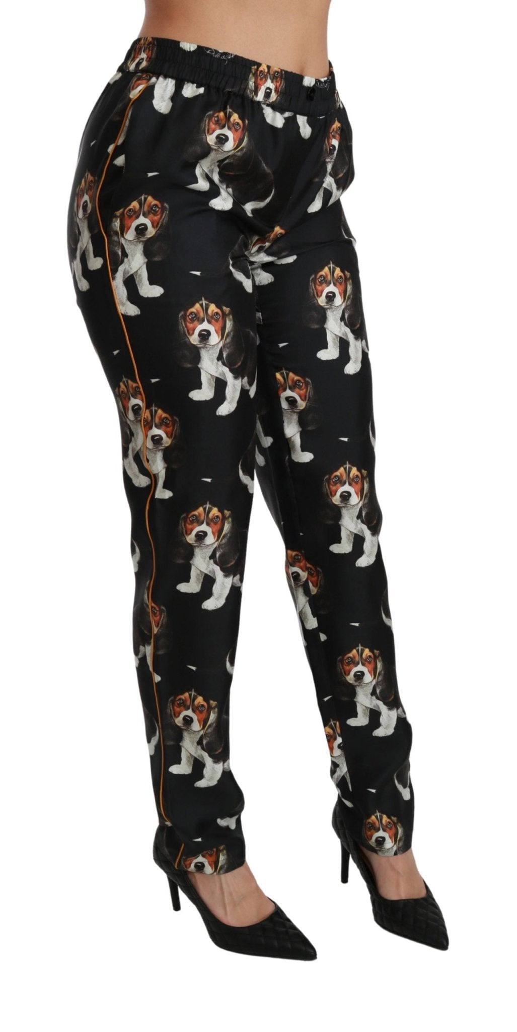 Black Puppy Dog Mid Waist Skinny Silk Pants - coffeewithmee2Dolce & GabbanaP2837S