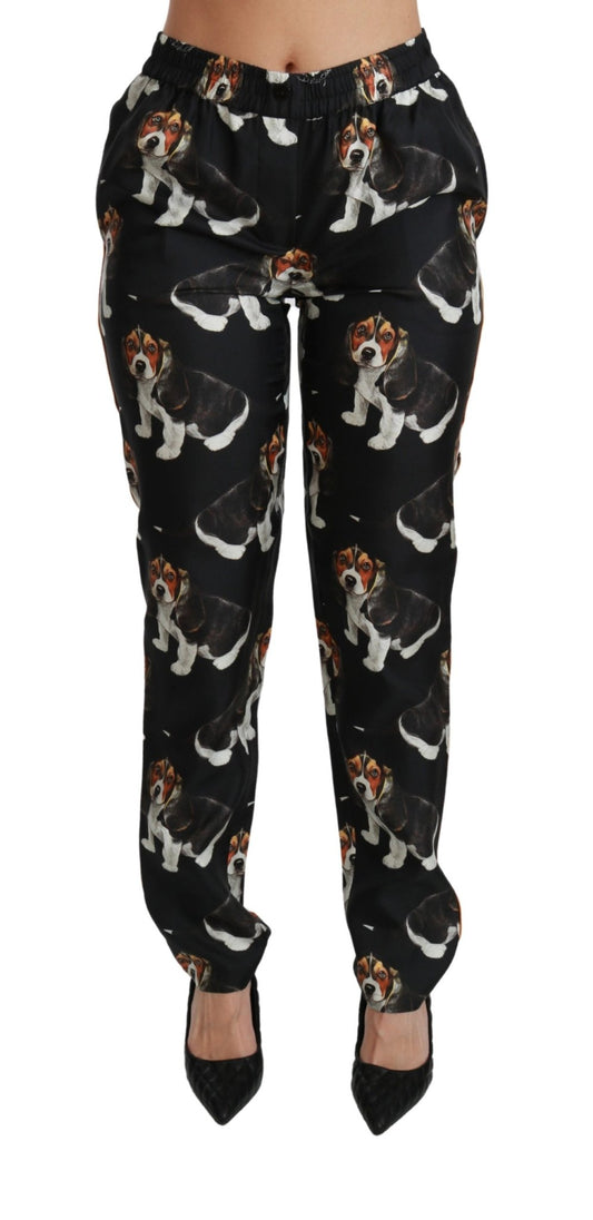 Black Puppy Dog Mid Waist Skinny Silk Pants - coffeewithmee2Dolce & GabbanaP2837S