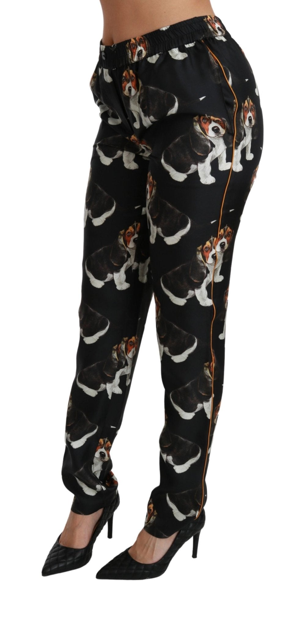 Black Puppy Dog Mid Waist Skinny Silk Pants - coffeewithmee2Dolce & GabbanaP2837S