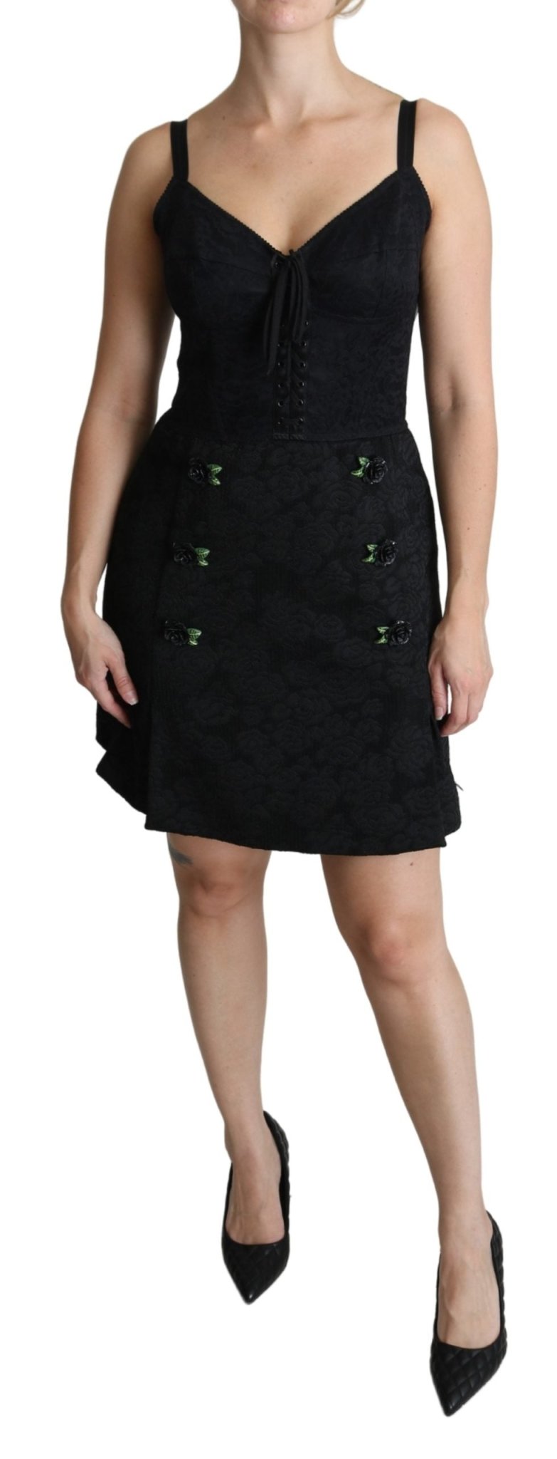Black Rose Appliqué Sheath Mini Jaquard Dress - coffeewithmee2Dolce & GabbanaP3707S