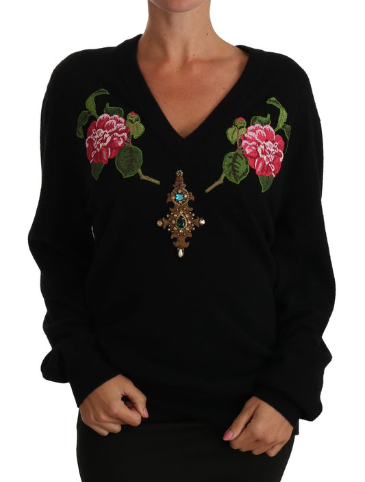 Black Rose Floral Crystal Cashmere Sweater - coffeewithmee2Dolce & GabbanaP1527S