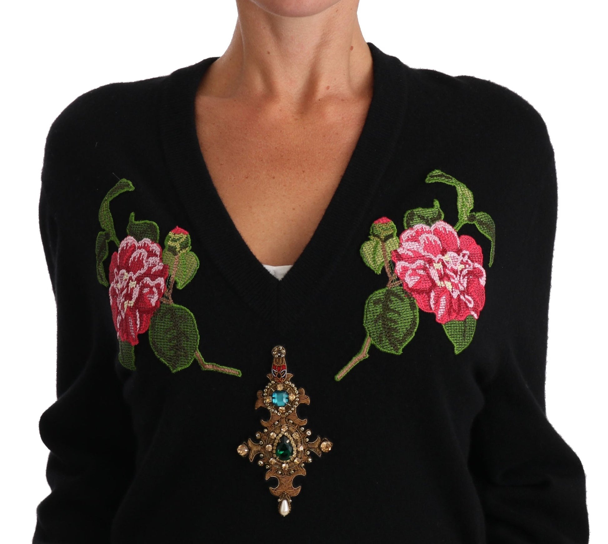 Black Rose Floral Crystal Cashmere Sweater - coffeewithmee2Dolce & GabbanaP1527S