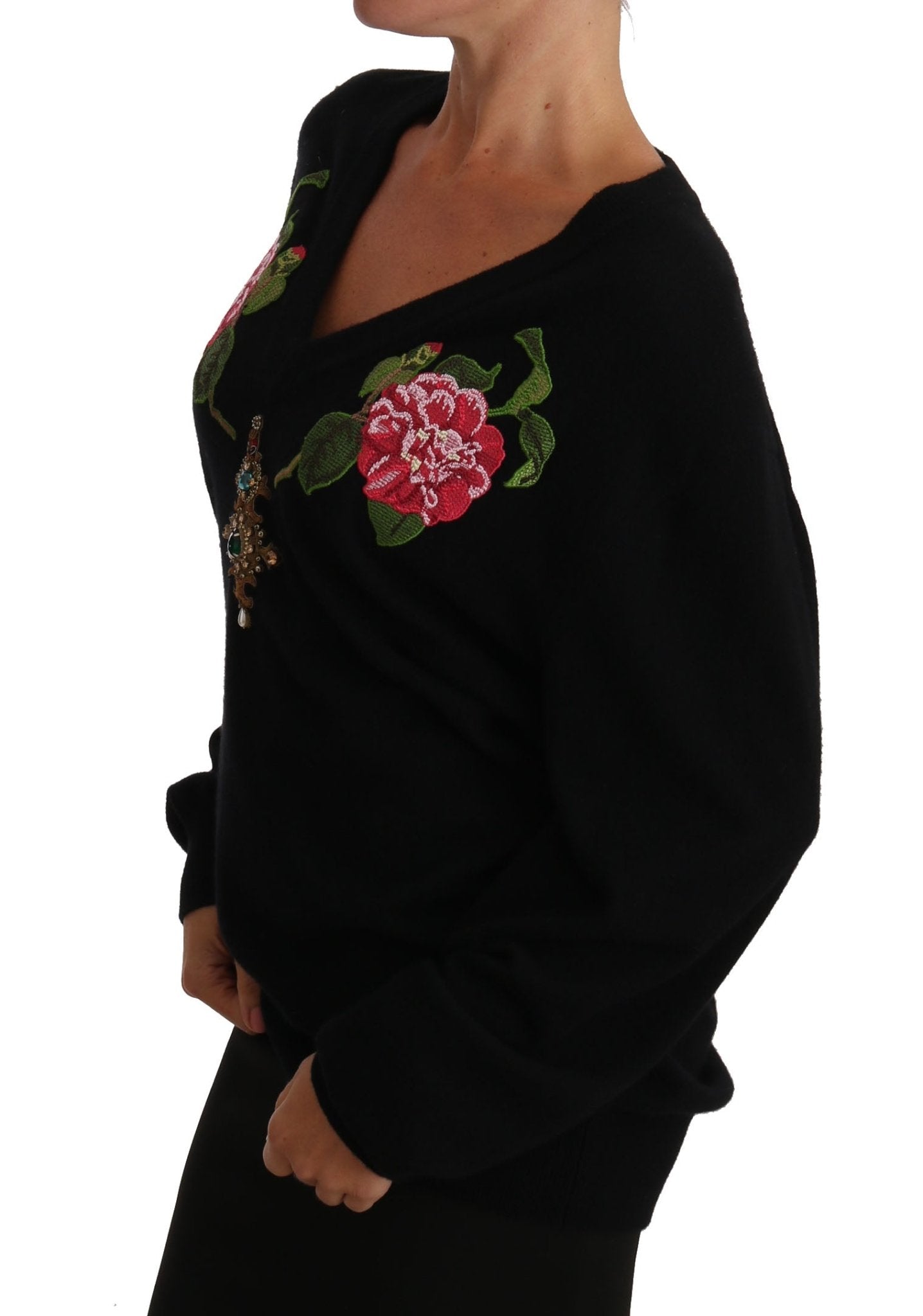 Black Rose Floral Crystal Cashmere Sweater - coffeewithmee2Dolce & GabbanaP1527S