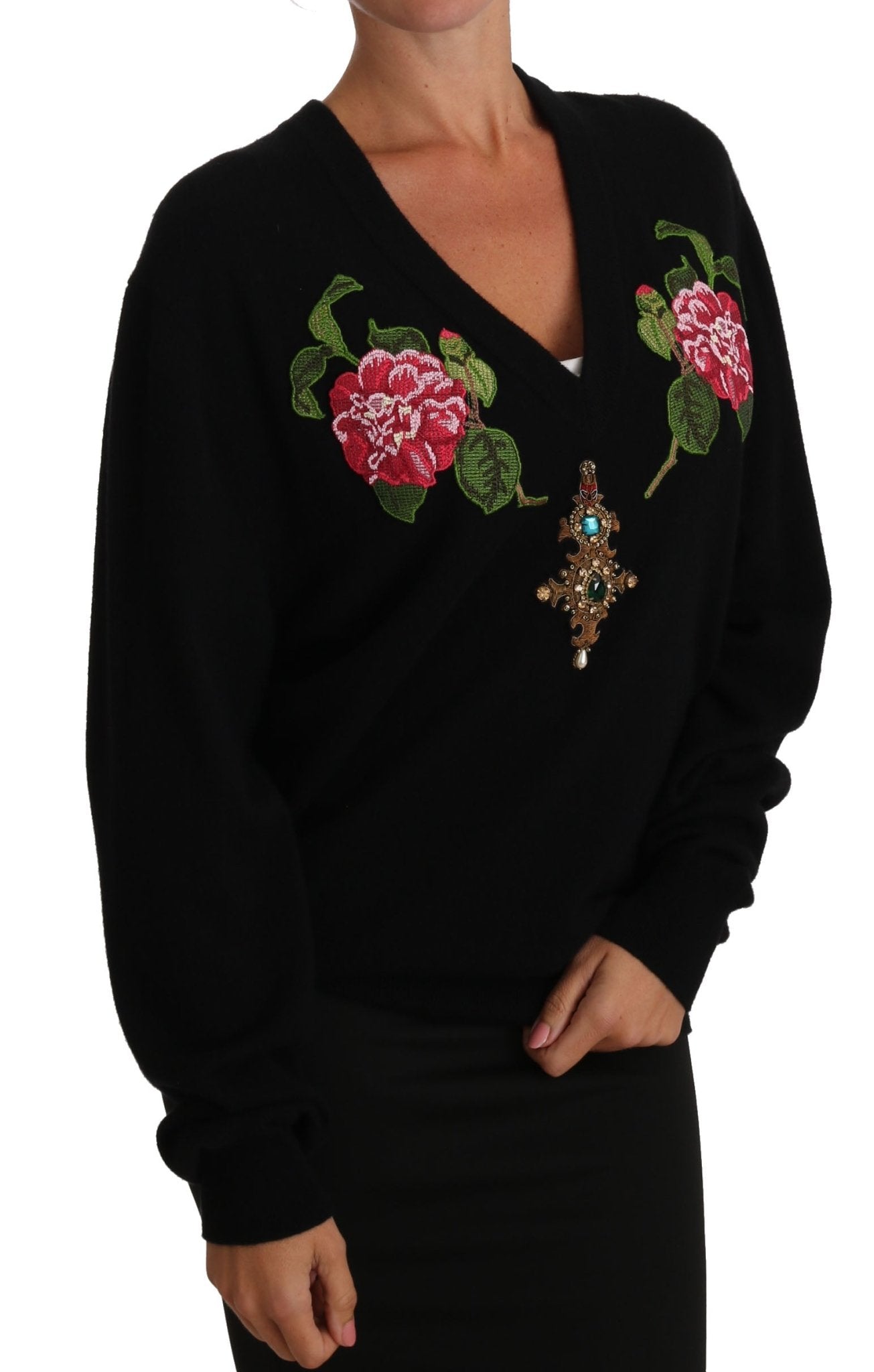 Black Rose Floral Crystal Cashmere Sweater - coffeewithmee2Dolce & GabbanaP1527S