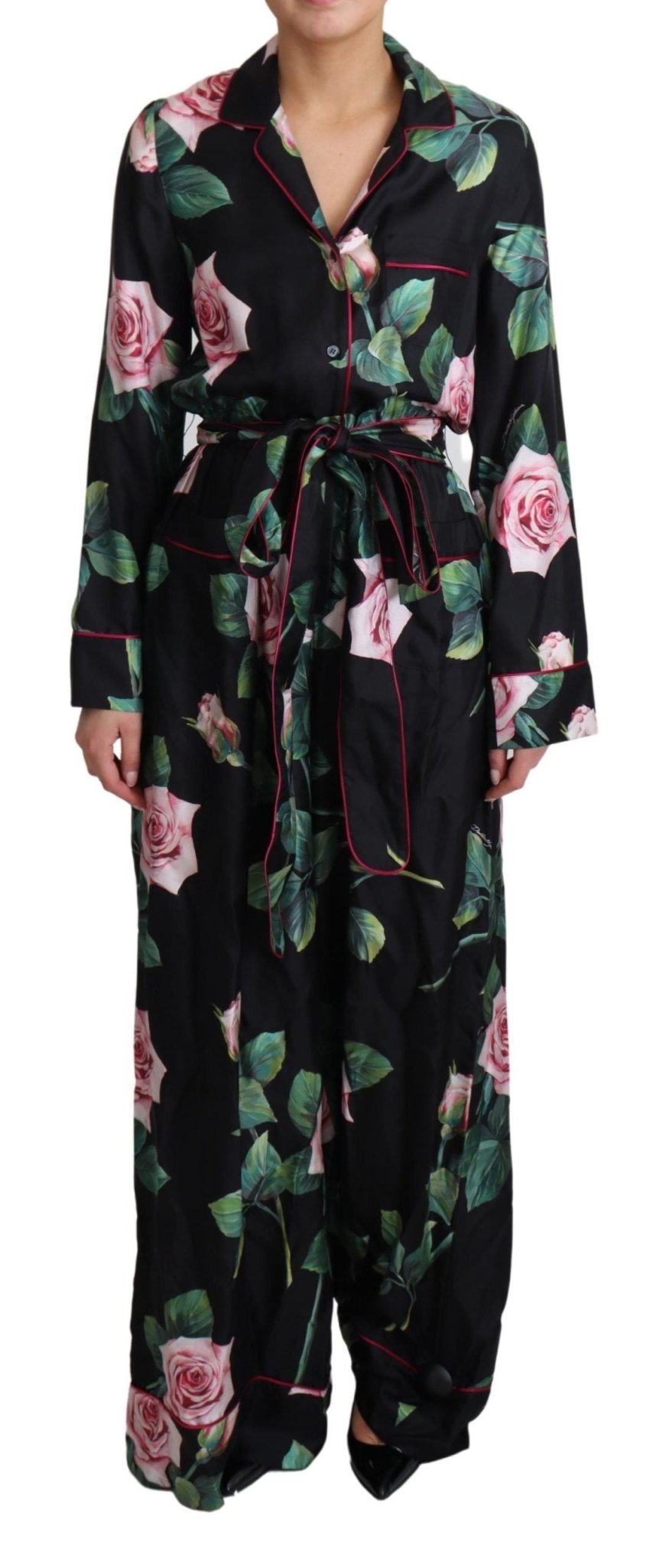 Black Rose Print Pajama Jumpsuit Silk Dress - coffeewithmee2Dolce & GabbanaP4386S