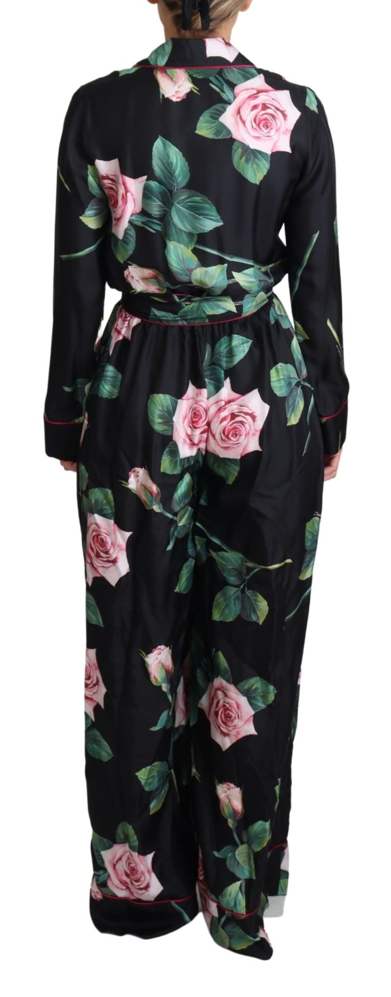 Black Rose Print Pajama Jumpsuit Silk Dress - coffeewithmee2Dolce & GabbanaP4386S