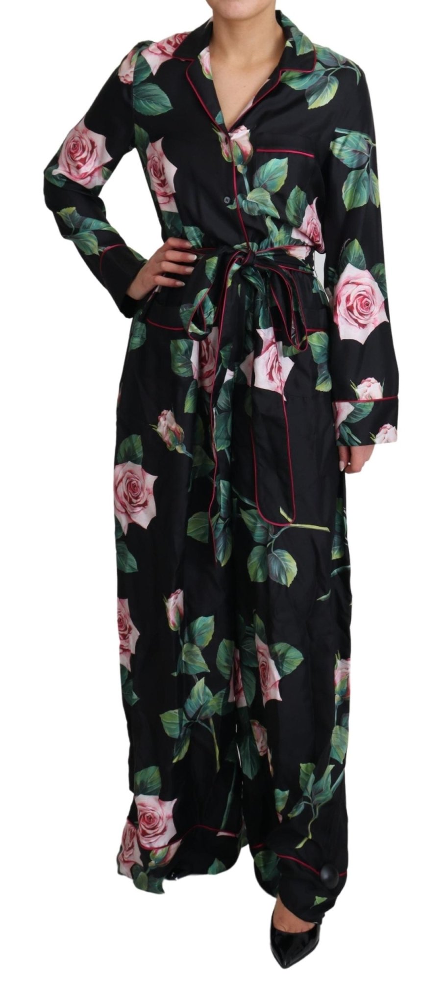 Black Rose Print Pajama Jumpsuit Silk Dress - coffeewithmee2Dolce & GabbanaP4386S
