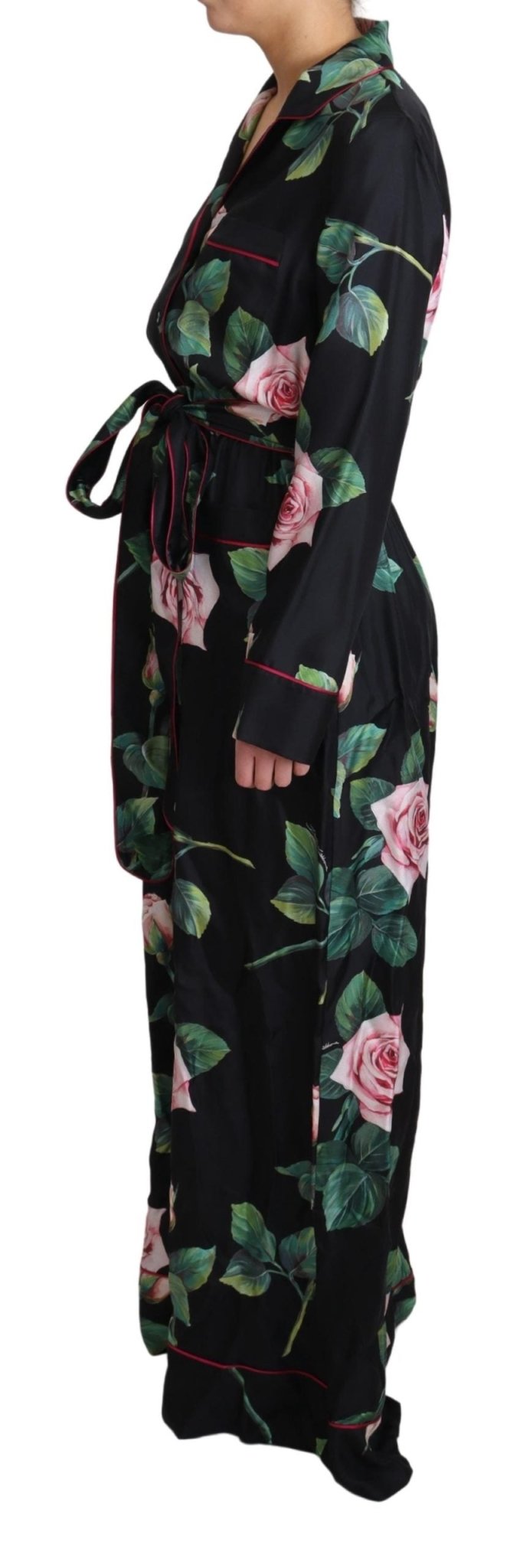 Black Rose Print Pajama Jumpsuit Silk Dress - coffeewithmee2Dolce & GabbanaP4386S