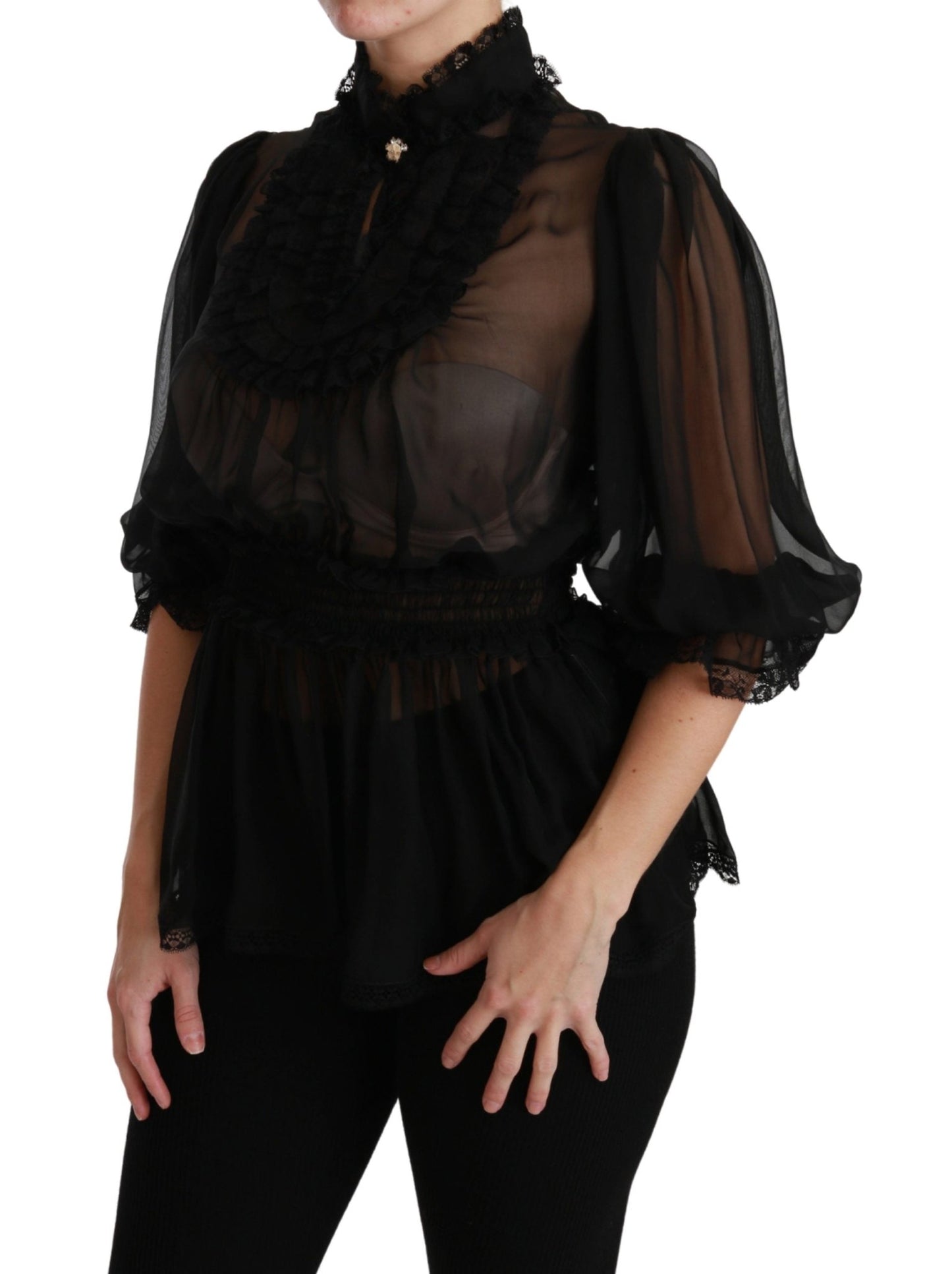 Black Ruffle Shear Blouse Silk Top - coffeewithmee2Dolce & GabbanaP2889S