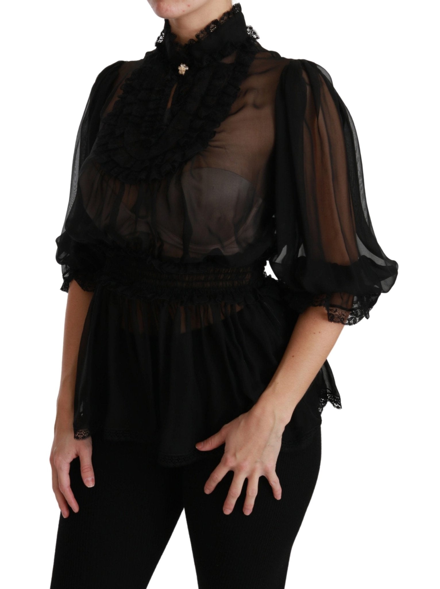 Black Ruffle Shear Blouse Silk Top - coffeewithmee2Dolce & GabbanaP2889S