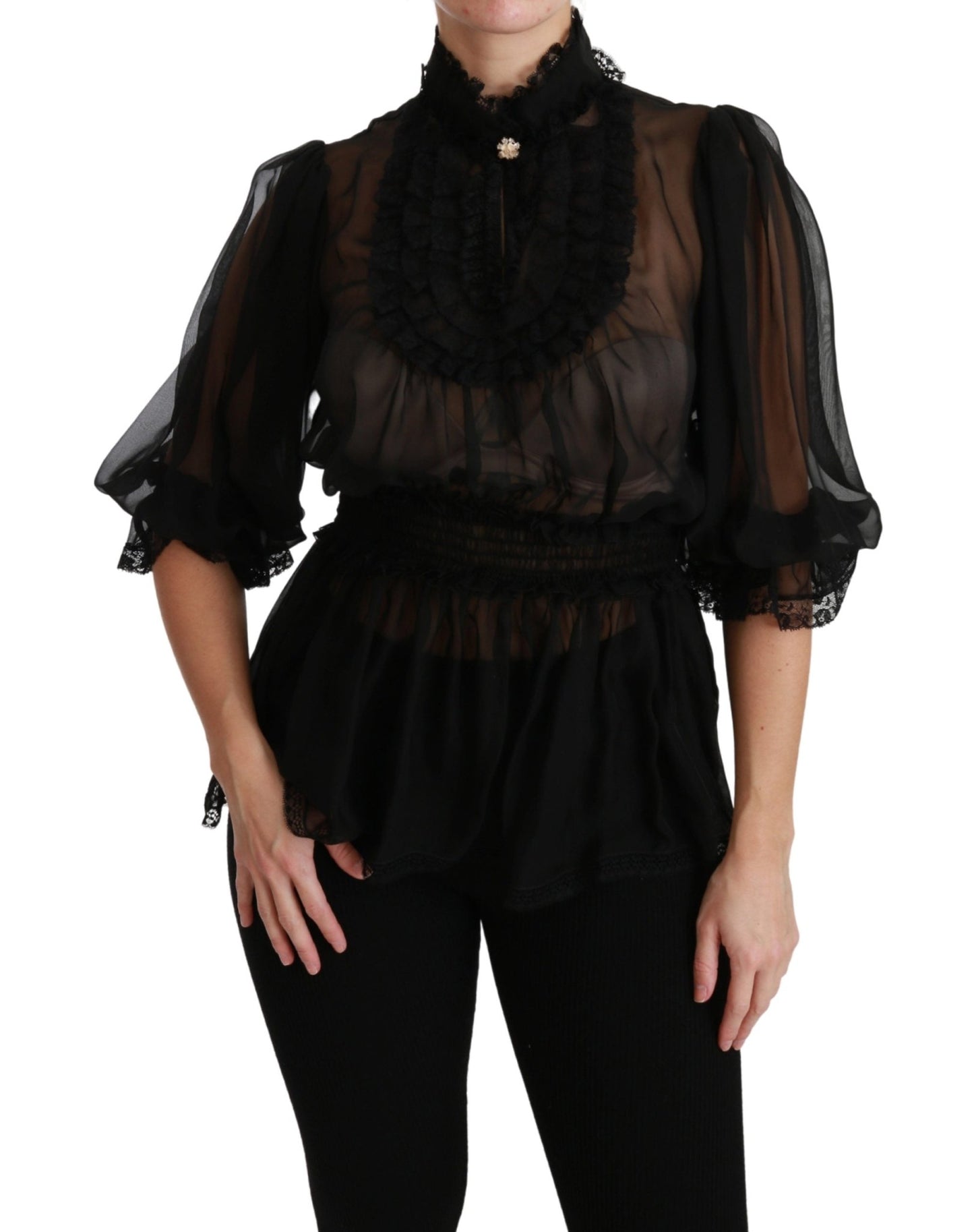 Black Ruffle Shear Blouse Silk Top - coffeewithmee2Dolce & GabbanaP2889S