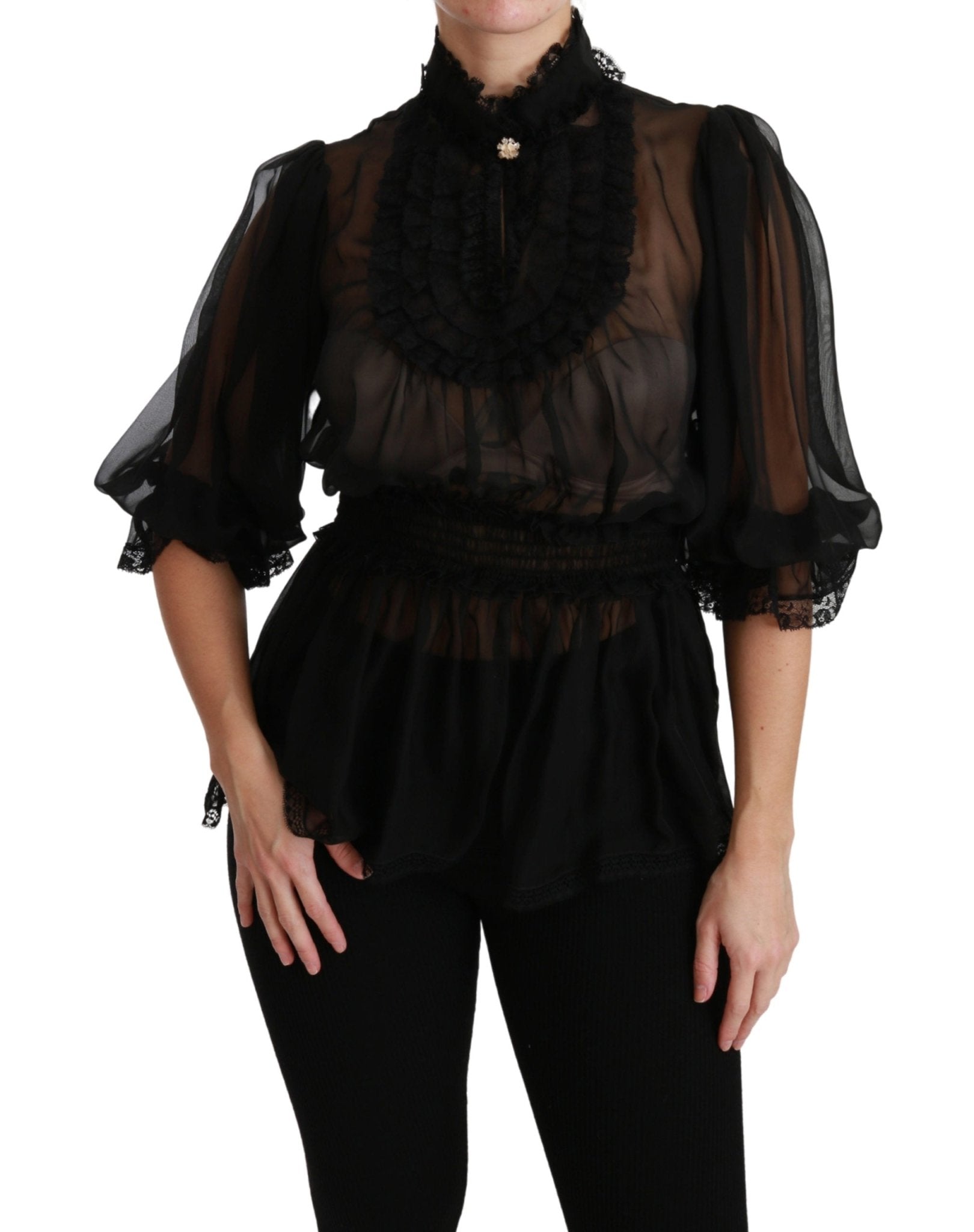 Black Ruffle Shear Blouse Silk Top - coffeewithmee2Dolce & GabbanaP2889S