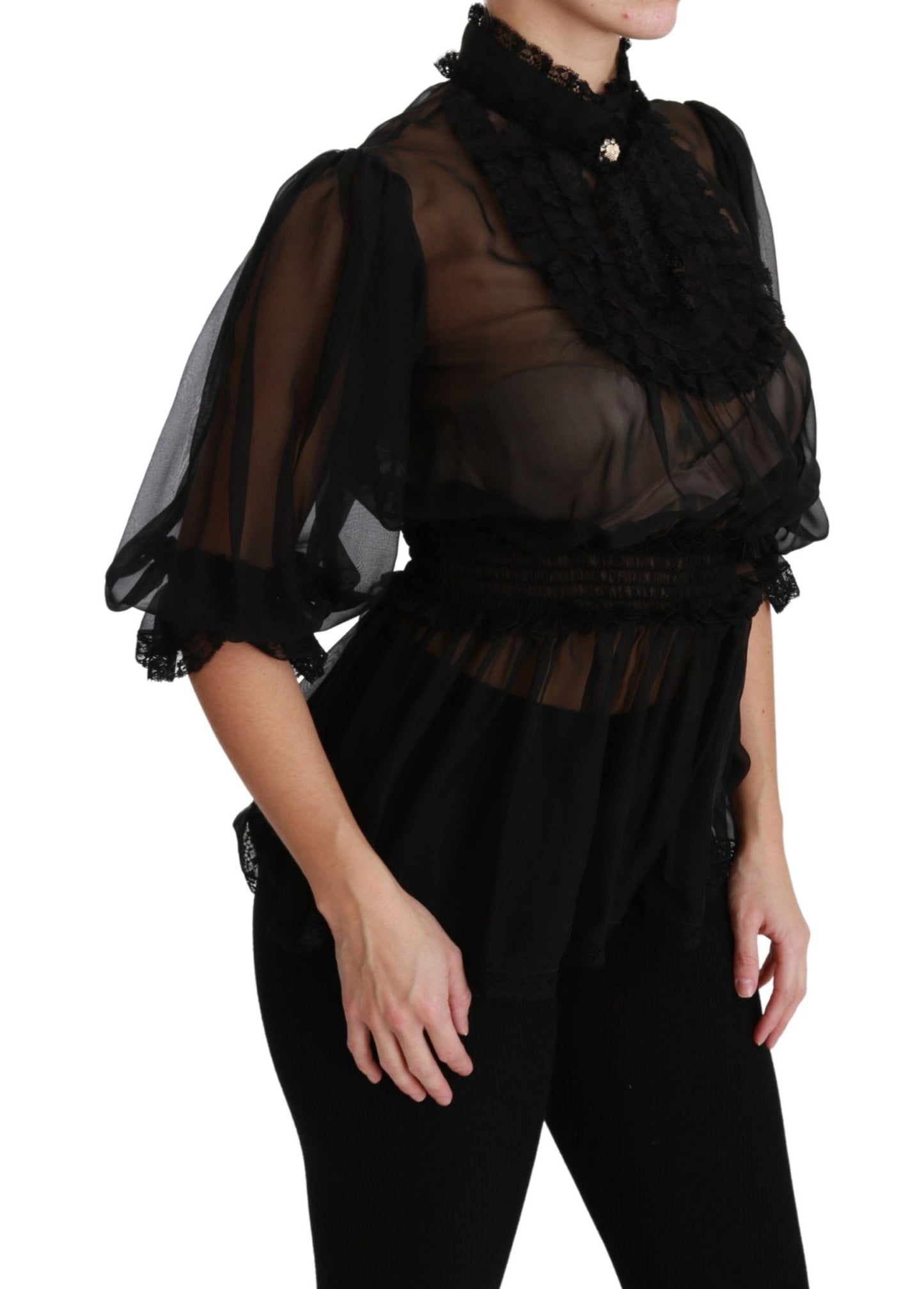 Black Ruffle Shear Blouse Silk Top - coffeewithmee2Dolce & GabbanaP2889S