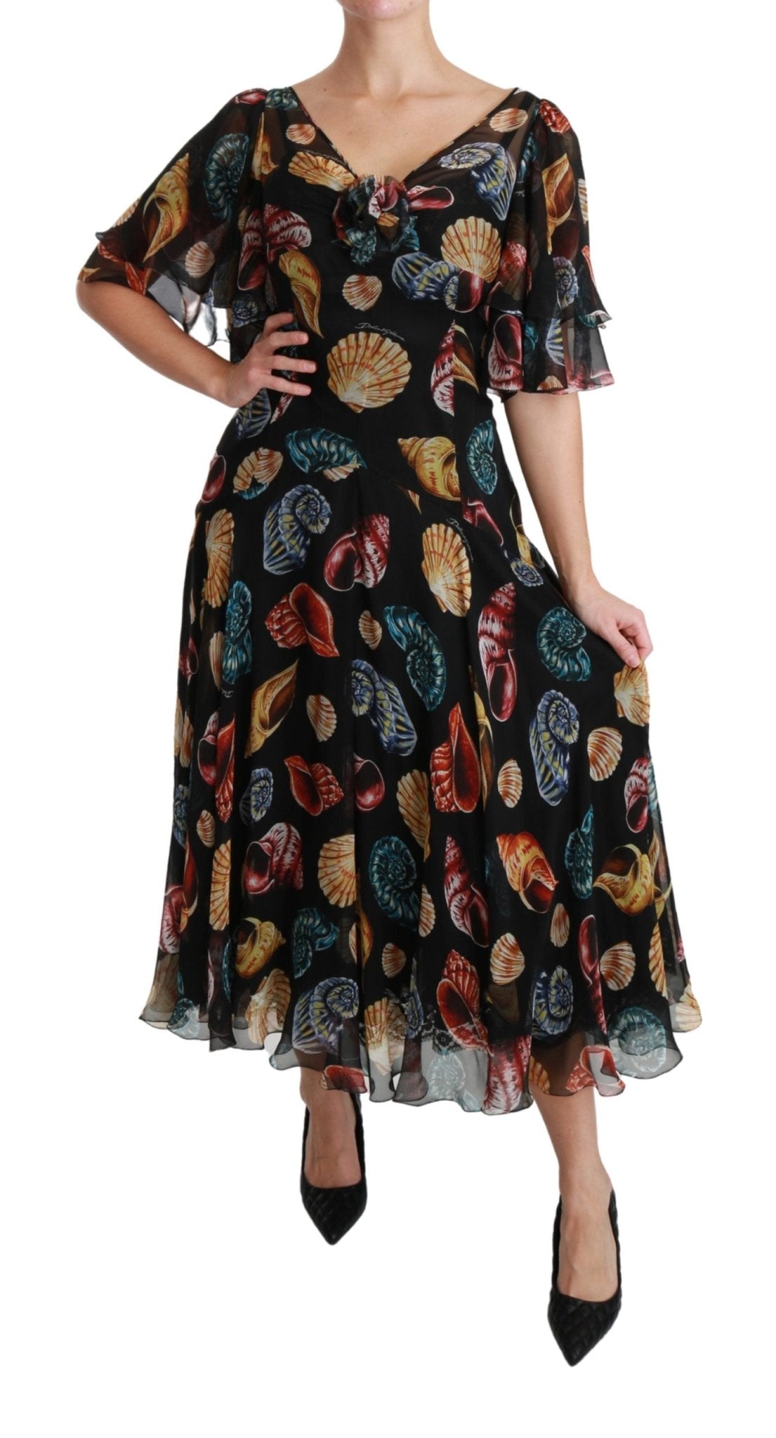 Black Sea Shells Maxi A-line Midi Silk Dress - coffeewithmee2Dolce & GabbanaP3003S