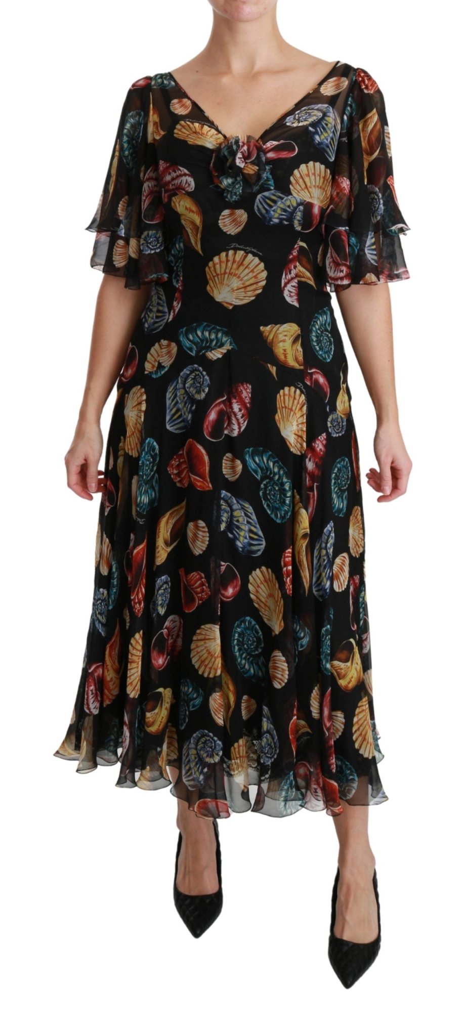 Black Sea Shells Maxi A-line Midi Silk Dress - coffeewithmee2Dolce & GabbanaP3003S