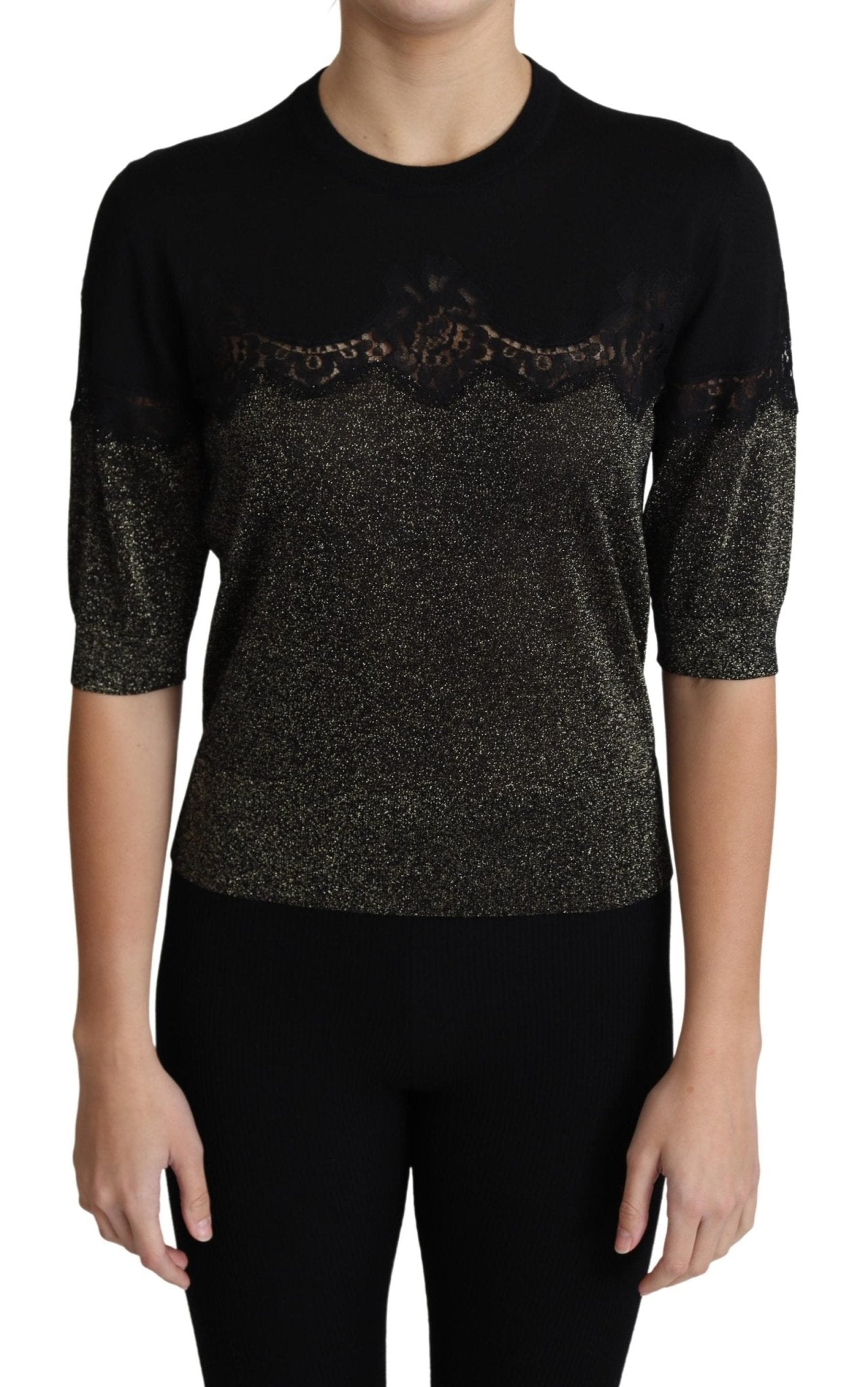Black Shiny Lurex Lace Insert Pullover Top - coffeewithmee2Dolce & GabbanaP3866S