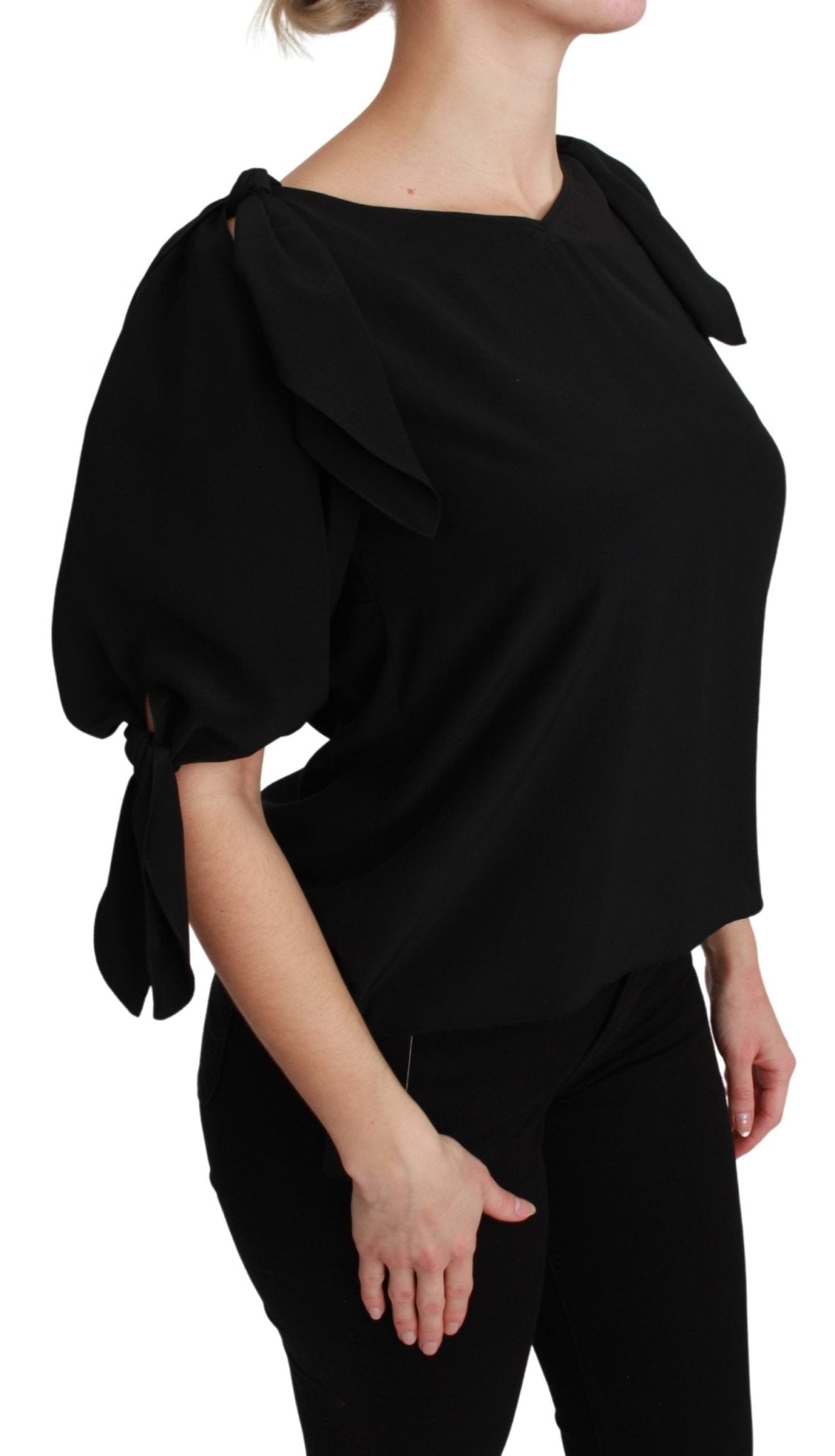 Black Short Sleeve Casual Blouse Silk Top - coffeewithmee2Dolce & GabbanaP3052S