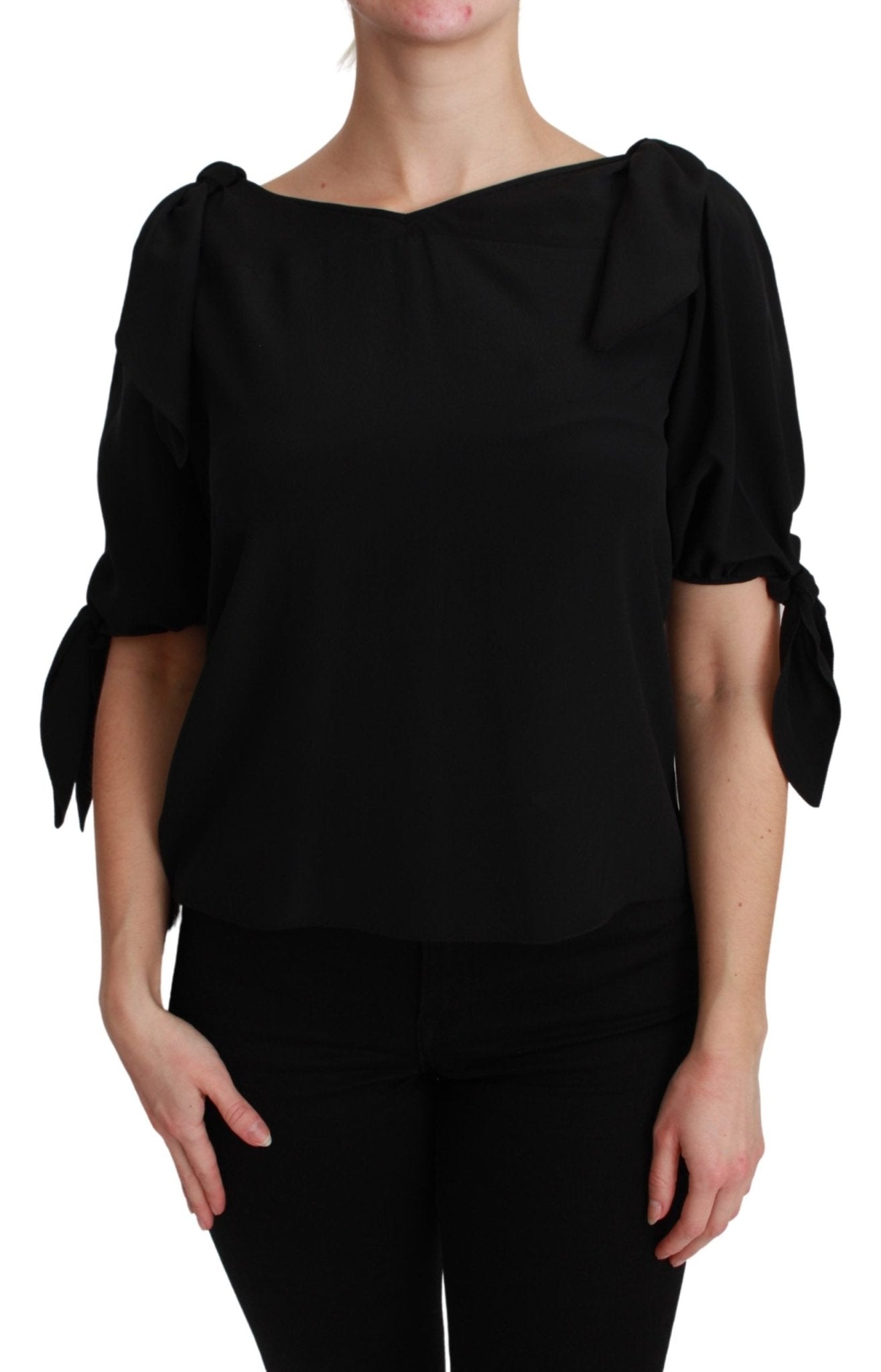 Black Short Sleeve Casual Blouse Silk Top - coffeewithmee2Dolce & GabbanaP3052S