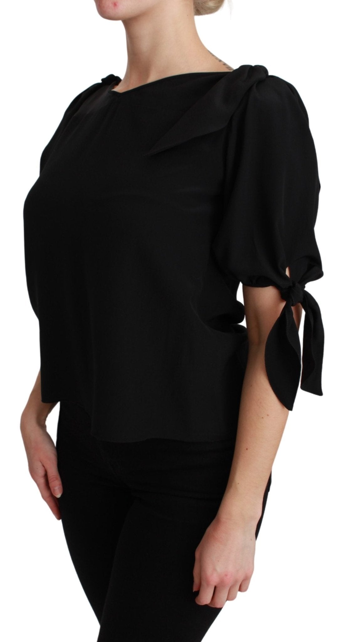Black Short Sleeve Casual Blouse Silk Top - coffeewithmee2Dolce & GabbanaP3052S