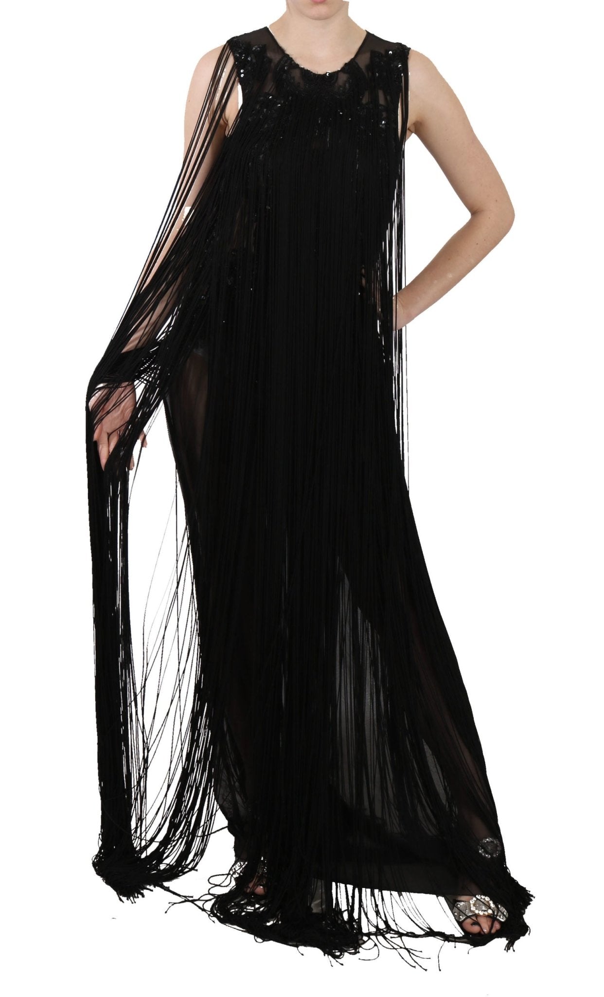 Black Silk Beaded Sequined Sheer Dress - coffeewithmee2John RichmondP2416S