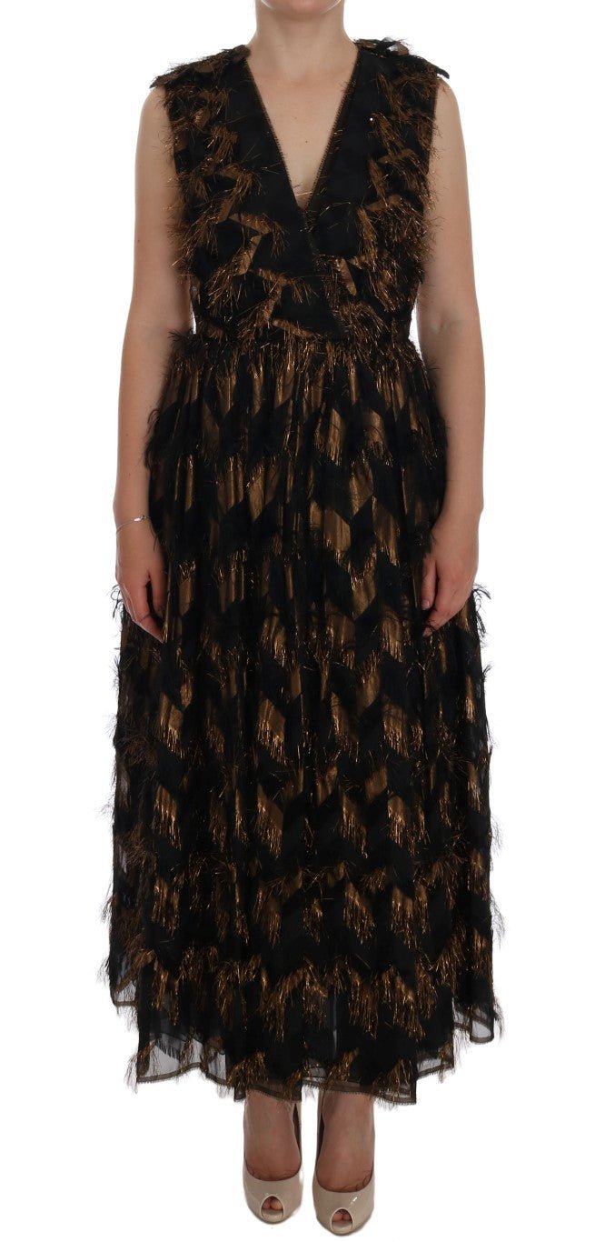 Black Silk Brown Fringes A-Line Dress - coffeewithmee2Dolce & GabbanaP1970S