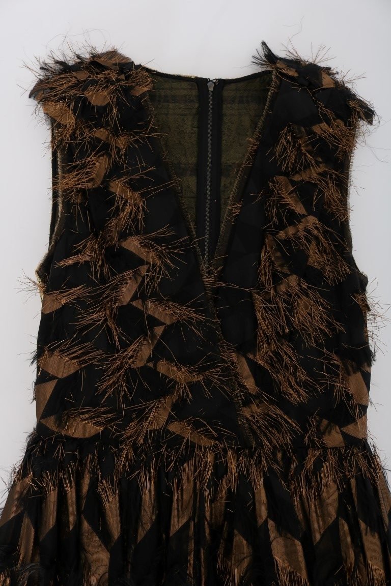 Black Silk Brown Fringes A-Line Dress - coffeewithmee2Dolce & GabbanaP1970S