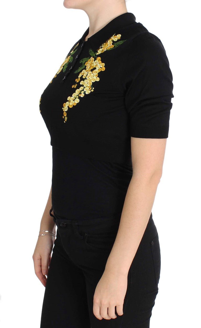 Black Silk Floral Embroidered Polo Top - coffeewithmee2Dolce & GabbanaP1106S