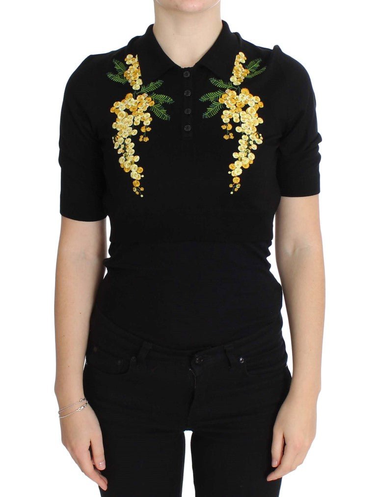 Black Silk Floral Embroidered Polo Top - coffeewithmee2Dolce & GabbanaP1106S
