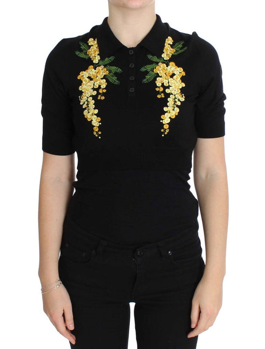 Black Silk Floral Embroidered Polo Top - coffeewithmee2Dolce & GabbanaP1106S