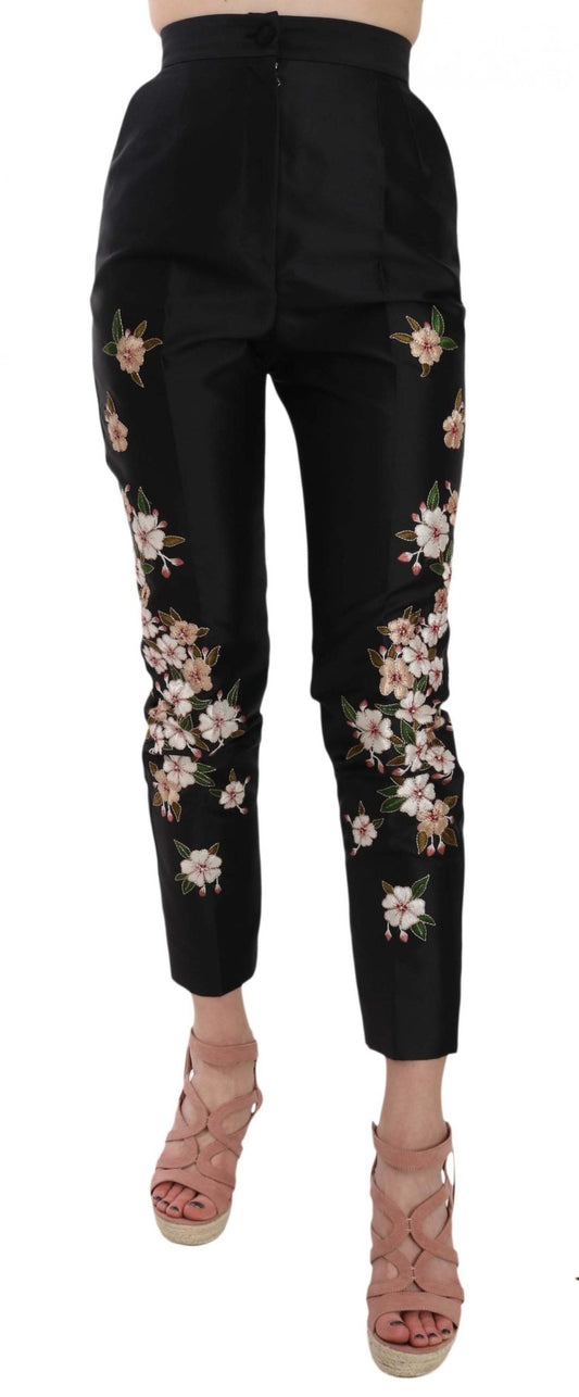 Black Silk Floral Embroidered Trousers Slim Pants - coffeewithmee2Dolce & GabbanaP1556S