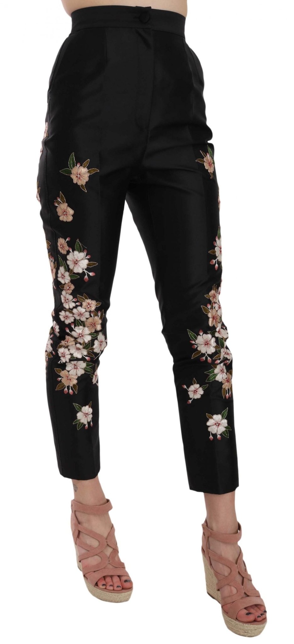 Black Silk Floral Embroidered Trousers Slim Pants - coffeewithmee2Dolce & GabbanaP1556S