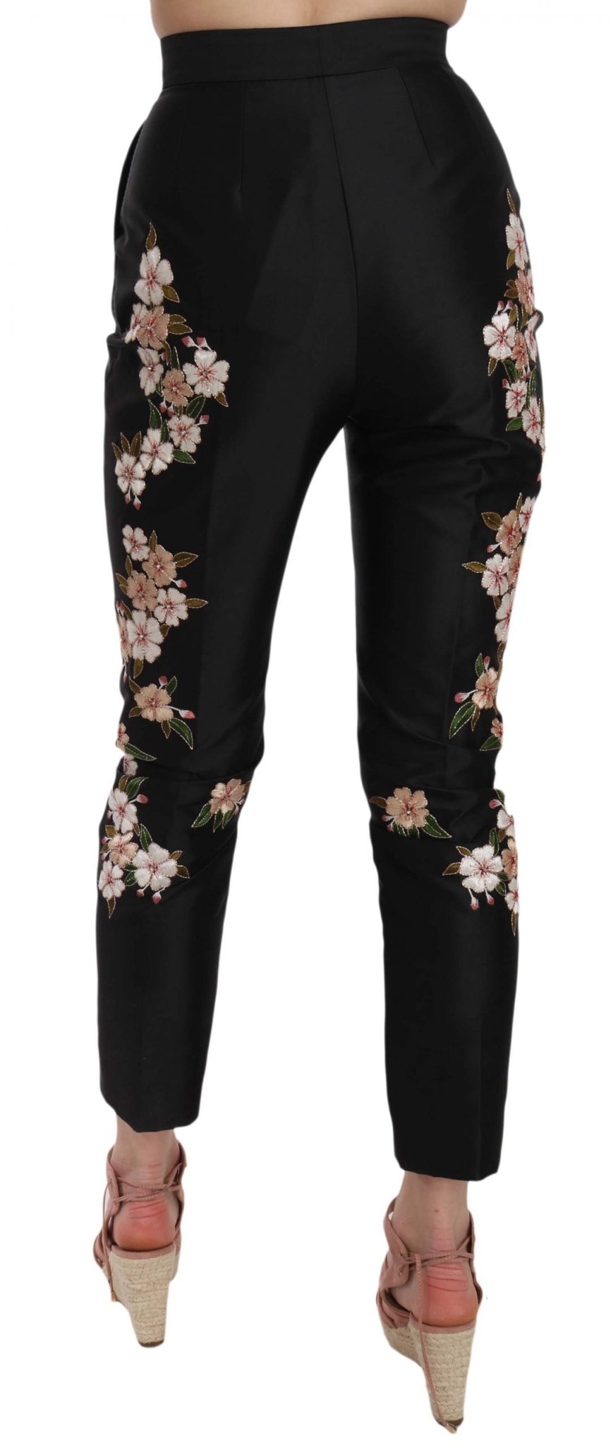 Black Silk Floral Embroidered Trousers Slim Pants - coffeewithmee2Dolce & GabbanaP1556S