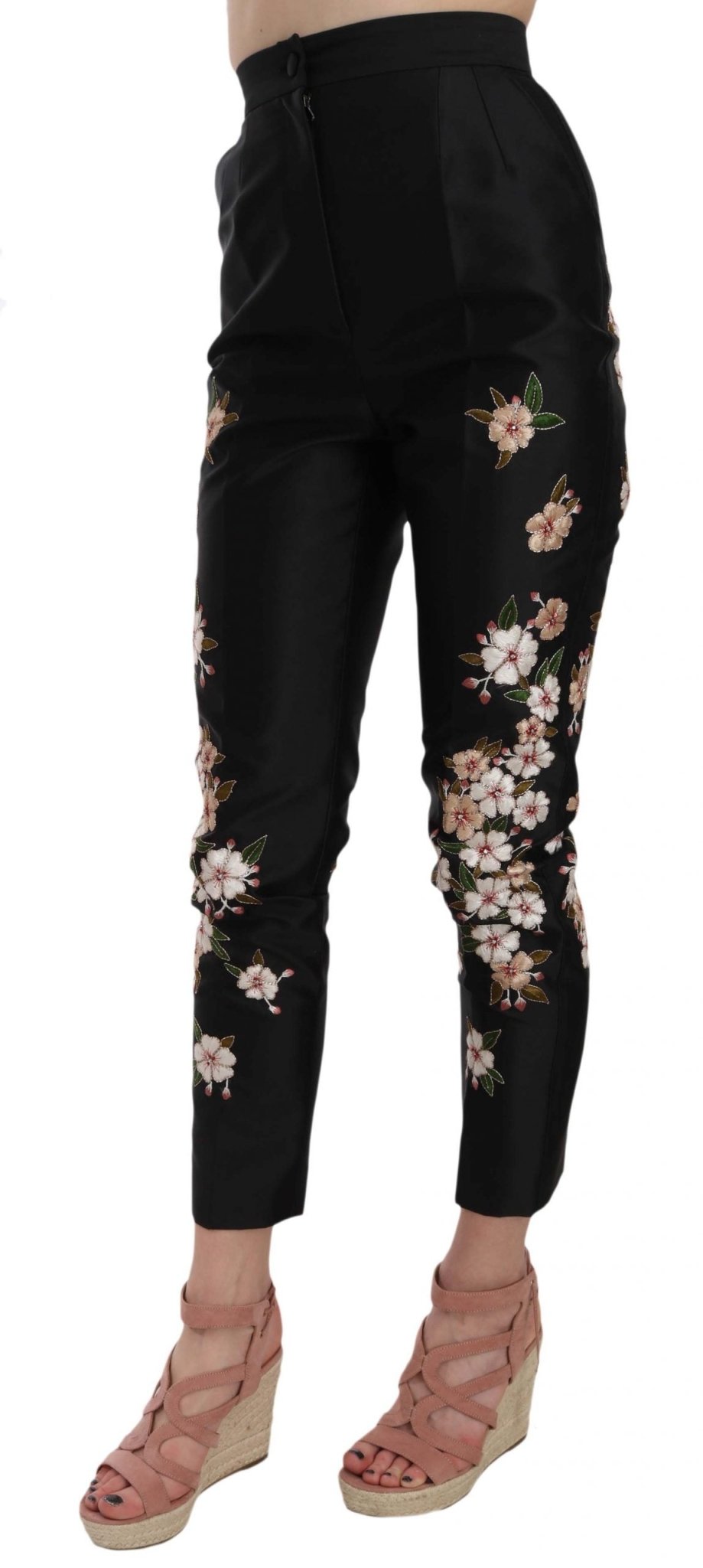 Black Silk Floral Embroidered Trousers Slim Pants - coffeewithmee2Dolce & GabbanaP1556S