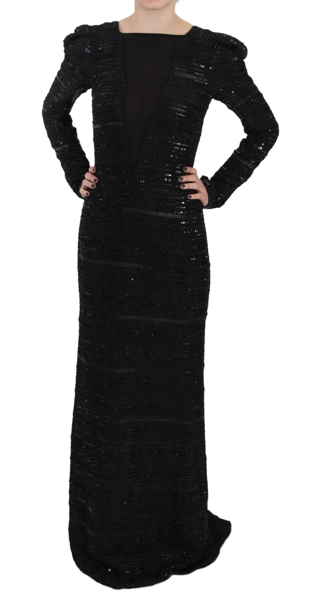 Black Silk Full Length Sequined Gown Dress - coffeewithmee2John RichmondP2401S