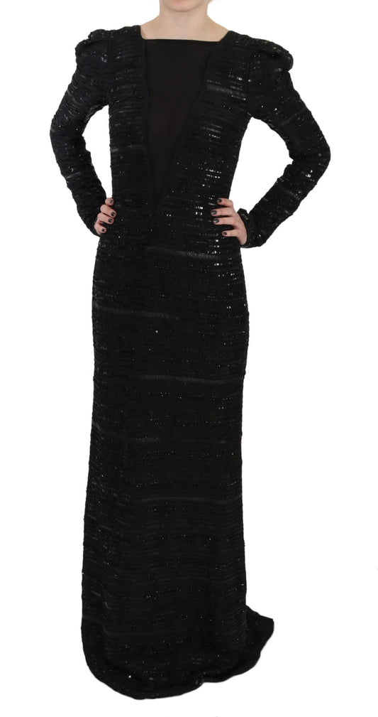 Black Silk Full Length Sequined Gown Dress - coffeewithmee2John RichmondP2401S
