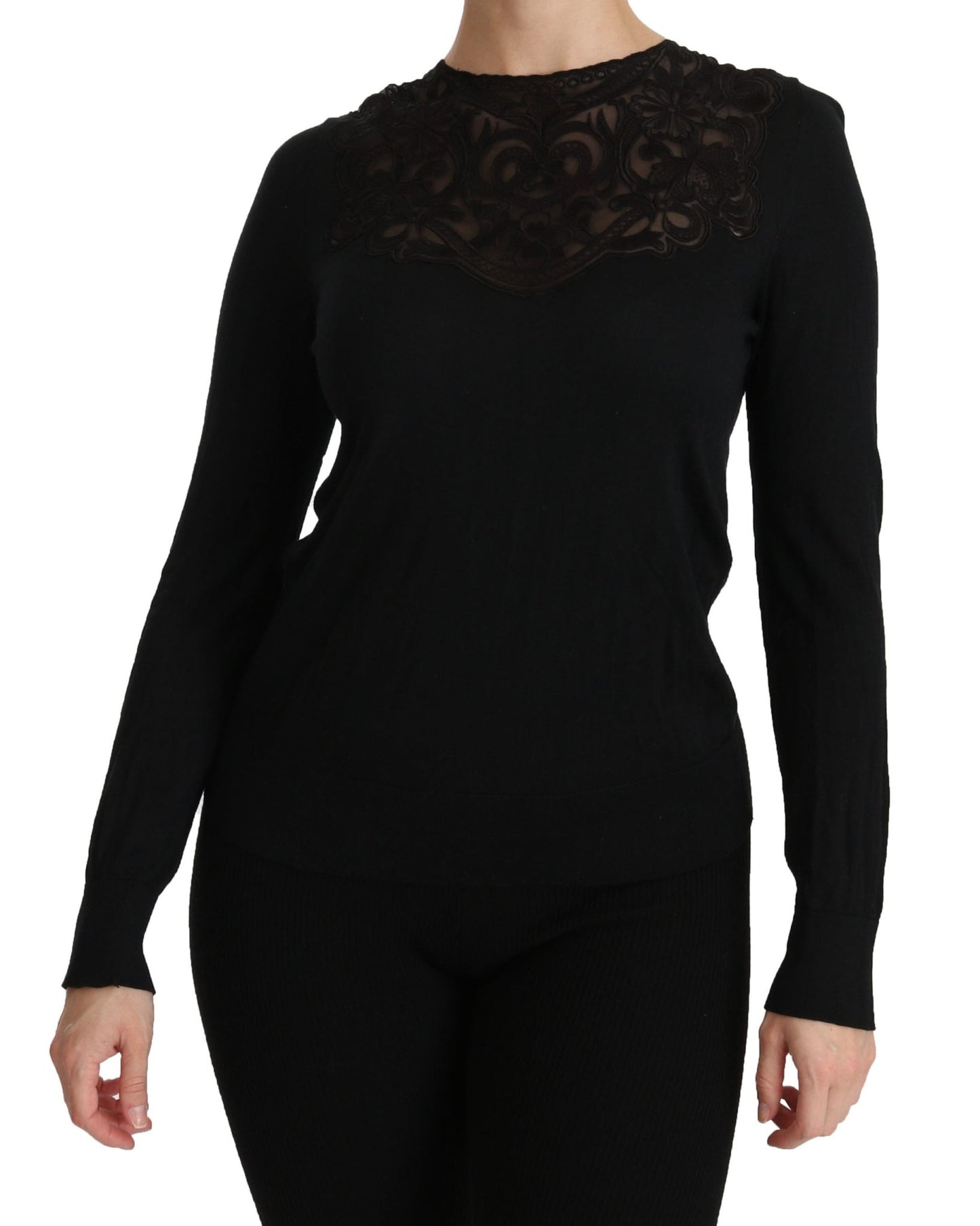Black Silk Lace Crew Neck Long Sleeve Blouse - coffeewithmee2Dolce & GabbanaP2727S