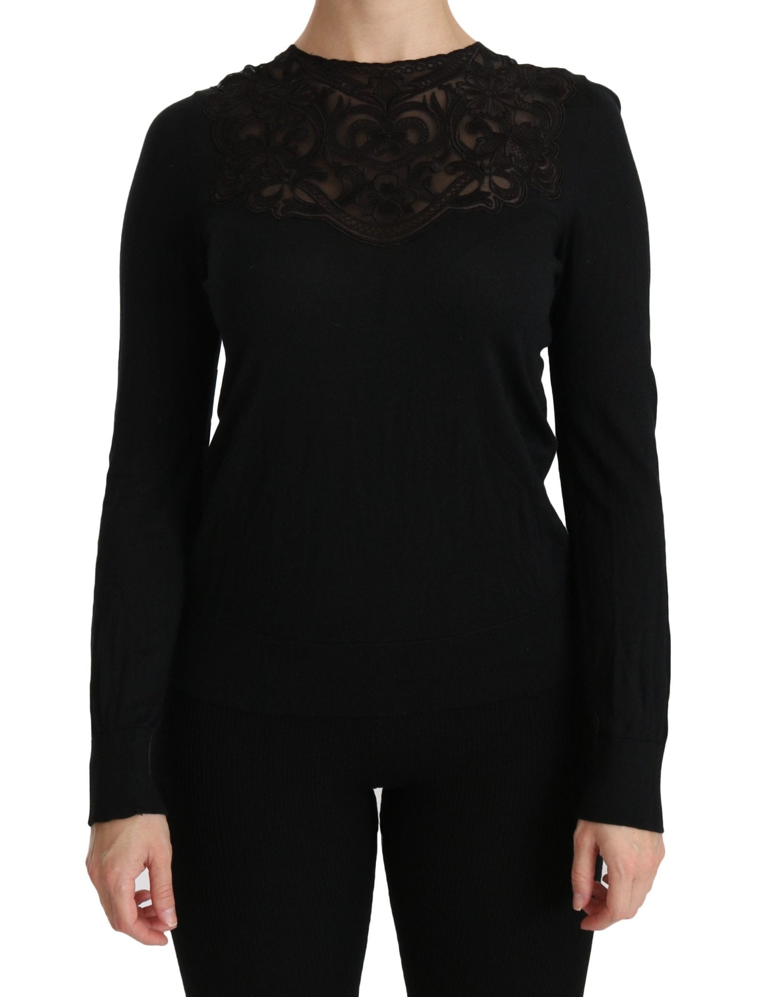Black Silk Lace Crew Neck Long Sleeve Blouse - coffeewithmee2Dolce & GabbanaP2727S
