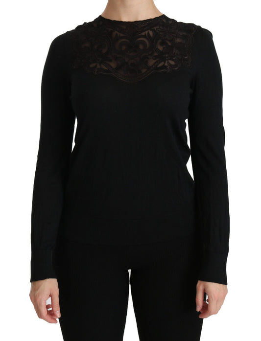 Black Silk Lace Crew Neck Long Sleeve Blouse - coffeewithmee2Dolce & GabbanaP2727S