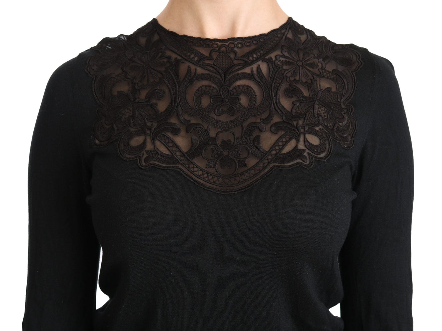 Black Silk Lace Crew Neck Long Sleeve Blouse - coffeewithmee2Dolce & GabbanaP2727S