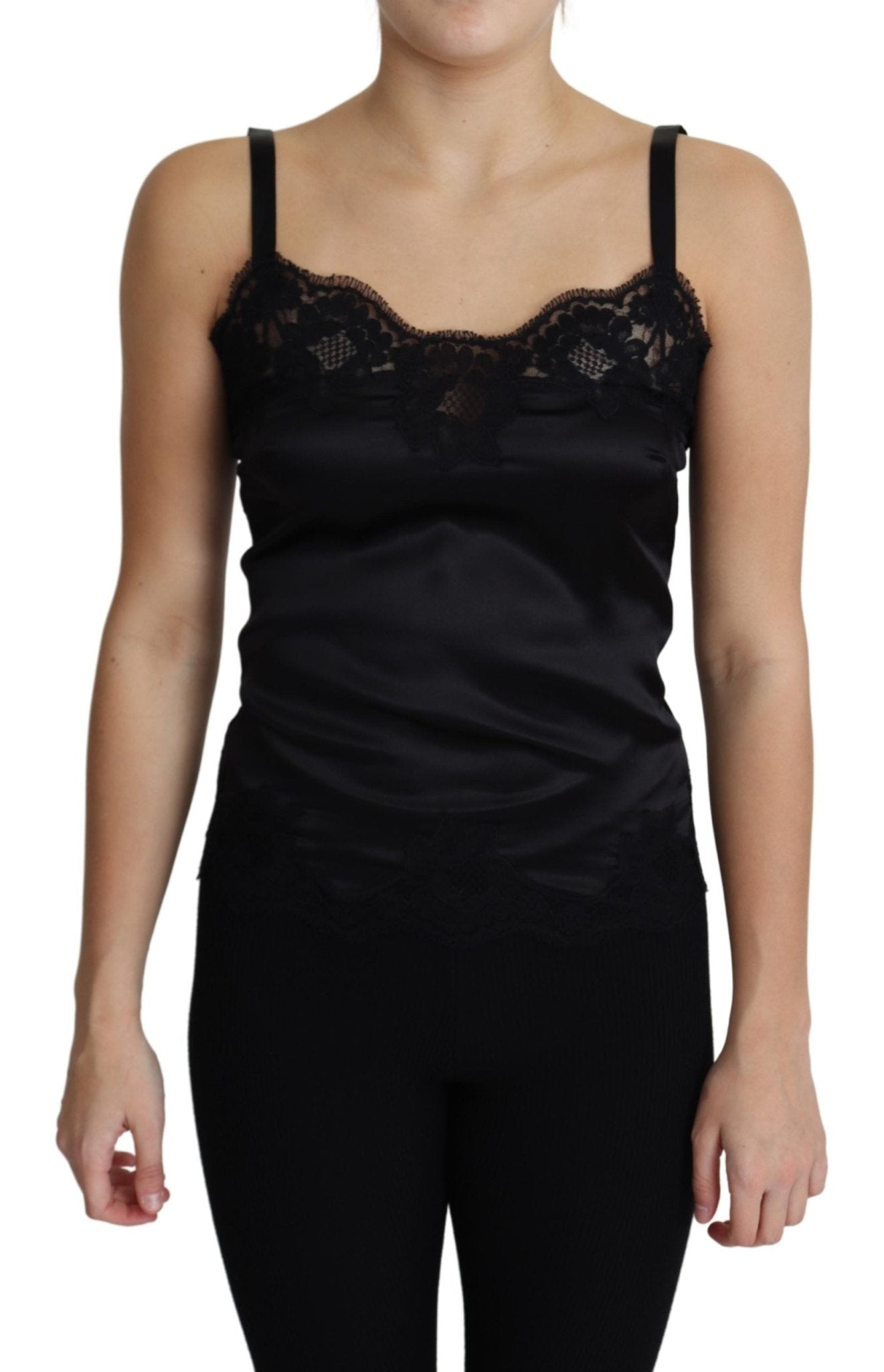 Black Silk Lace Trimmed Spaghetti Strap Tops - coffeewithmee2Dolce & GabbanaP3881S